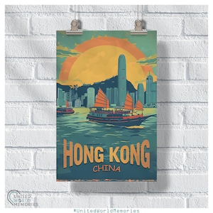 Hong Kong Classic Victoria Harbor Poster, Hong Kong Travel Print, China Retro Wall Art, China Gift