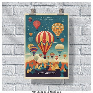 Plakat podróżniczy z Nowego Meksyku, plakat z okazji Fiesty Balonowej w Albuquerque, plakat vintage z Nowego Meksyku, dekoracja ścienna, wydruk z Nowego Meksyku, plakat retro z Nowego Meksyku