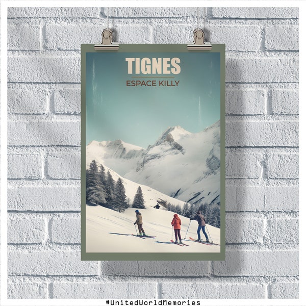 Poster Espace Killy Tignes, art mural Tignes, impression station de ski de Tignes, poster de ski de France, cadeau snowboard, art de la station de ski