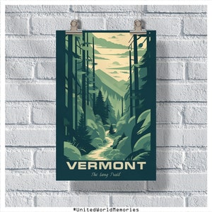 Cartel de viaje de Vermont, cartel de The Long Trail, cartel vintage de Vermont, decoración de la pared, cartel estatal, impresión de Vermont, cartel retro de Vermont