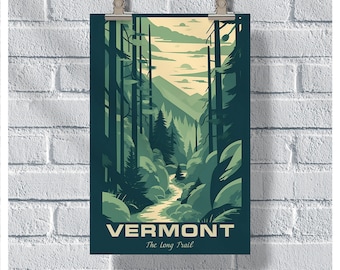 Cartel de viaje de Vermont, cartel de The Long Trail, cartel vintage de Vermont, decoración de la pared, cartel estatal, impresión de Vermont, cartel retro de Vermont
