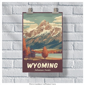 Pôster de viagem de Wyoming, pôster de aventura de Wyoming, pôster vintage de Wyoming, decoração de parede, pôster de estado, impressão de Wyoming, pôster retrô de Wyoming