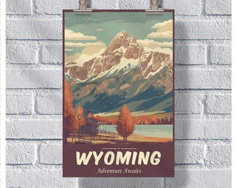 Wyoming Travel Poster, Wyoming Adventure Awaits Poster, Wyoming Vintage Poster, Wall Decor, State Poster, Wyoming Print,Wyoming Retro Poster