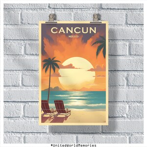 Pôster do pôr do sol de Cancun Playa Delfines, pôster de viagem de Cancún, pôster do México, impressão de viagem do México, arte de parede de Cancún, pôster retrô vintage de Cancún