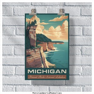 Poster di viaggio del Michigan, Pictured Rocks National Lakeshore Poster, Michigan Vintage Poster, Wall Decor, State Poster, Michigan Print
