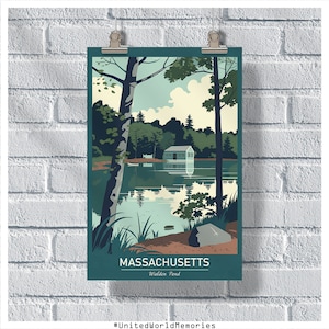 Massachusetts Travel Poster, Walden Pond Poster, Massachusetts Vintage Poster, Wall Decor, Massachusetts Print, Massachusetts Retro Poster