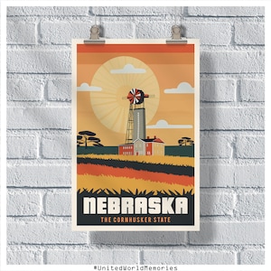 Pôster de viagem de Nebraska, pôster do estado de Cornhusker, pôster vintage de Nebraska, decoração de parede, pôster do estado, impressão de Nebraska, pôster retrô de Nebraska