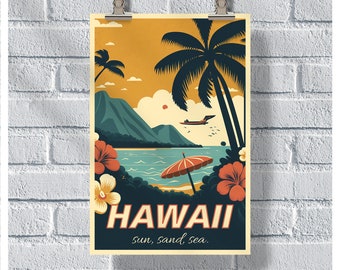 May include: A vintage travel poster with a yellow, orange, and blue color scheme. The poster features a palm tree, a beach, and a mountain range. The text on the poster reads "HAWAII sun, sand, sea." and "#UnitedWorldMemories".