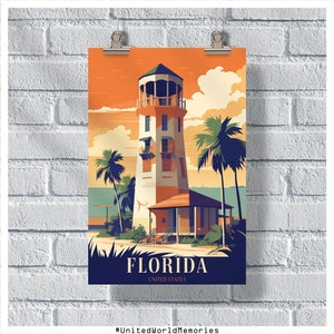 Pôster de viagens da Flórida, pôster dos Estados Unidos da Flórida, pôster vintage da Flórida, decoração de parede, pôster do estado, impressão da Flórida, pôster retrô da Flórida