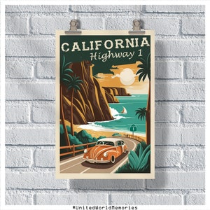 Cartel de viaje de California, cartel de la autopista 1, cartel vintage de California, decoración de la pared, cartel del estado, impresión de California, cartel retro de California