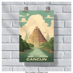 Cancun Chichen Itza Poster, Cancun Travel Poster, Mexico Poster, Mexico Travel Print, Cancun Wall Art, Cancun Vintage Retro Poster