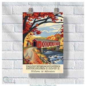 Cartel del puente cubierto de Connecticut, impresión de viajes de Connecticut, arte de pared retro de los Estados Unidos, regalo de Connecticut de los EE. UU.