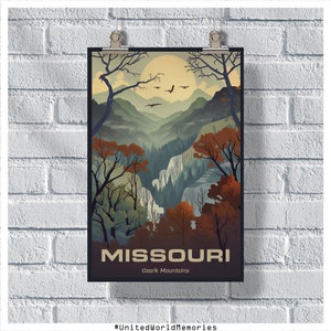 Cartaz de viagens do Missouri, pôster das montanhas Ozark, pôster vintage do Missouri, decoração de parede, pôster do estado, impressão do Missouri, pôster retrô do Missouri
