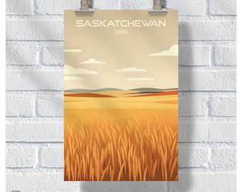 Puede incluir: Un cartel de viaje vintage con una ilustración estilizada de un campo de trigo. El cartel se titula "Saskatchewan, Canadá".