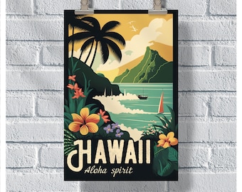 May include: A vintage-style poster featuring a Hawaiian landscape with palm trees, ocean, and mountains. The poster includes the word "HAWAII" and the phrase "Aloha spirit" in a stylized font. The color palette includes shades of green, yellow, and blue.