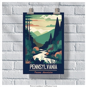 Cartel de viaje de Pensilvania, cartel de las montañas Pocono, cartel vintage de Pensilvania, decoración de la pared, impresión de Pensilvania, cartel retro de Pensilvania