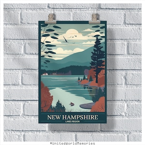 Cartel de New Hampshire, cartel de la región de los lagos de NH, cartel de NH, cartel vintage de New Hampshire, decoración de la pared, impresión de New Hampshire, regalo de New Hampshire