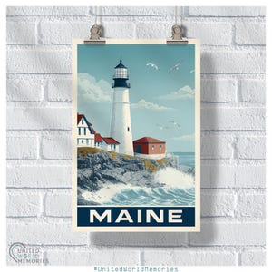 Arte mural del faro de Portland Head: Impresión del icónico faro de Maine. Decoración costera náutica. Póster, lienzo, marco o postal.