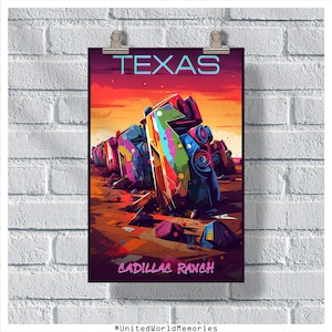 Pôster de viagem do Texas, pôster do rancho Cadillac, pôster vintage do Texas, decoração de parede, pôster do estado, impressão do Texas, pôster retrô do Texas, presente do Texas
