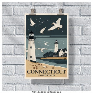 Pôster de viagens de Connecticut, pôster de Connecticut EUA, pôster vintage de Connecticut, decoração de parede, impressão de Connecticut, pôster retrô de Connecticut