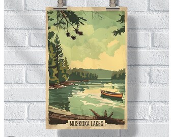 Ontario Retro Muskoka Lakes Poster, Ontario Canada Vintage Retro Print, Nature Lovers Gift