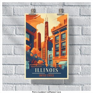 Pôster de viagem de Illinois, pôster de Illinois, pôster vintage de Illinois, decoração de parede, pôster do estado de Illinois, impressão de Illinois, pôster retrô de Illinois