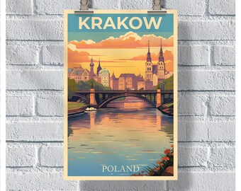 Krakow Vistula River Poster, Krakow Travel Poster, Poland Poster, Poland Print, Krakow Wall Art, Krakow Vintage Retro Poster