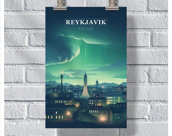 Reykjavik Travel Poster, IJsland Poster, Reykjavik Northern Lights Art, Reykjavik Wall Art, Reykjavik Gifts, Reykjavik Print