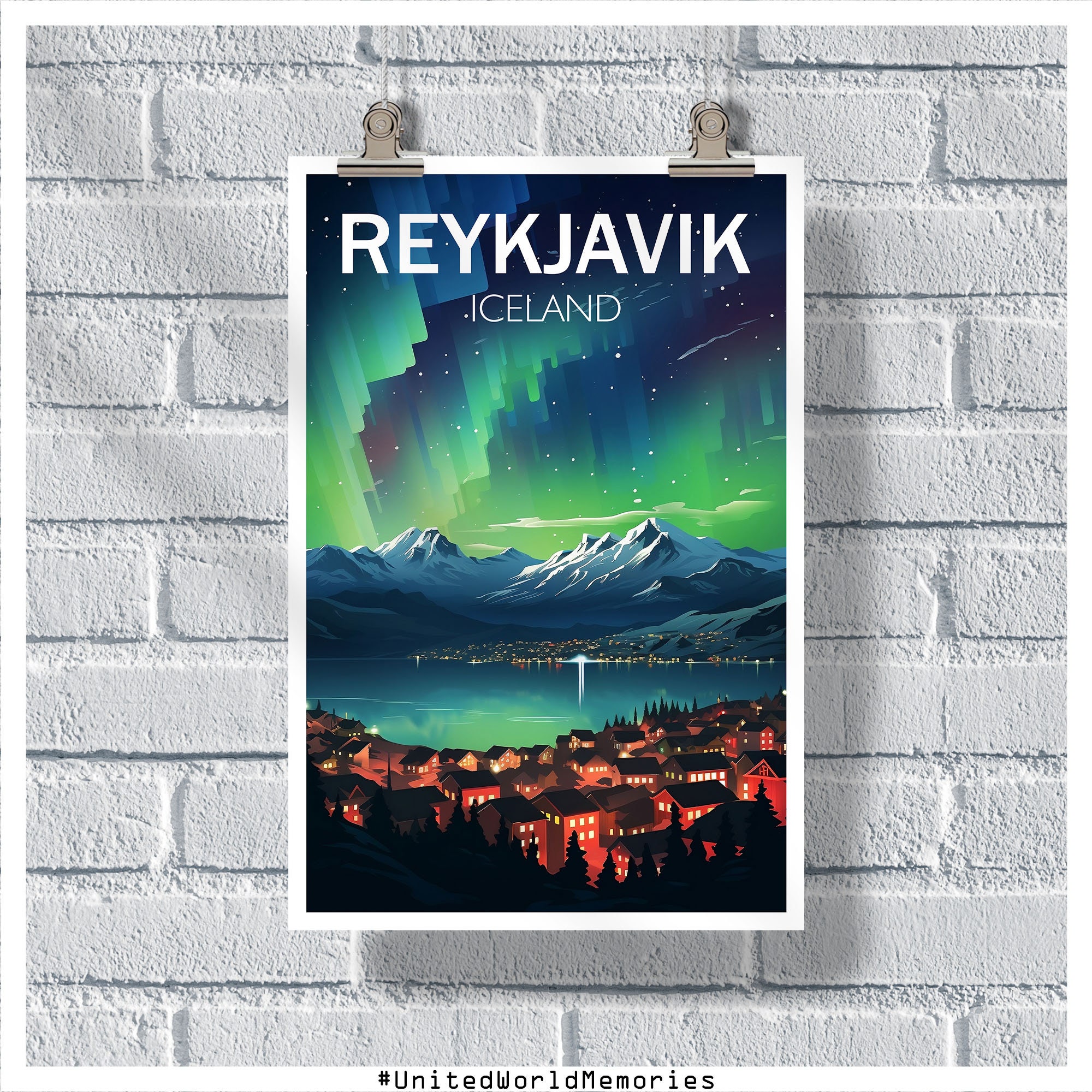 Reykjavik Travel Poster, Iceland Poster, Reykjavik Northern Lights Art, Reykjavik Wall Art, Reykjavik Gifts, Reykjavik Print