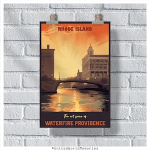 Cartel de viaje de Rhode Island, cartel de Waterfire Providence, cartel de RI, cartel vintage de Rhode Island, decoración de la pared, cartel del estado, impresión de Rhode Island