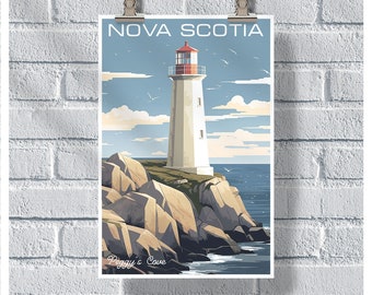 May include: A vintage travel poster featuring a white lighthouse with a red roof on a rocky cliff overlooking the sea. The poster has the text "NOVA SCOTIA" at the top and "Peggy's Cove" at the bottom. The poster is a retro-style illustration with a blue sky and white clouds.
