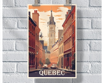 May include: A poster showing a stylized illustration of Quebec City. The artwork depicts a street scene with buildings, a clock tower, and two cars. The word "QUEBEC" is printed at the bottom. The poster is held by clips against a white brick wall.