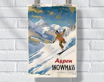 Aspen Snowmass Vintage Mountain Magic Poster, Ski Resort Colorado Print, Ski Snowboarding Retro Wall Art, Ski Lover Gift