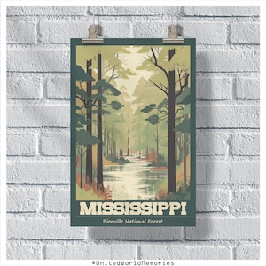 Mississippi Reise Poster, Bienville National Forest, Mississippi Vintage Poster, Wand-Dekor, Mississippi Print, Mississippi Retro Poster