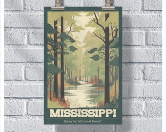 Mississippi Travel Poster, Bienville National Forest, Mississippi Vintage Poster, Wall Decor, Mississippi Print, Mississippi Retro Poster