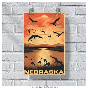 Nebraska Travel Poster, Sandhill Cranes Poster, Nebraska Vintage Poster, Wall Decor, State Poster, Nebraska Print, Nebraska Retro Poster