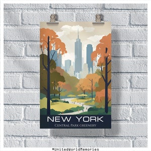 Pôster de viagens de Nova York, pôster do Central Park de Nova York, pôster vintage de Nova York, decoração de parede, pôster do estado, impressão de Nova York, arte retrô de Nova York
