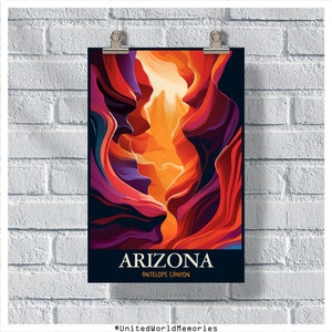 Pôster de viagem do Arizona, pôster do Antelope Canyon, pôster vintage do Arizona, decoração de parede, pôster do estado, impressão do Arizona, pôster retrô do Arizona