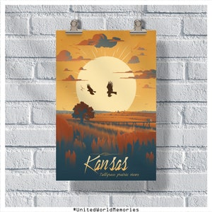 Poster di viaggio del Kansas, poster dello stato di girasole, poster vintage del Kansas, decorazione della parete, stampa del Kansas, poster retrò del Kansas, poster di benvenuto al Kansas