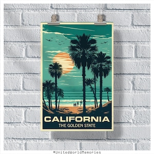 Cartel de viaje de California, cartel del estado dorado, cartel vintage de California, decoración de la pared, impresión de California, cartel retro de California