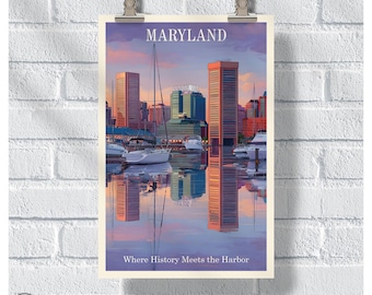 Baltimore Inner Harbor Wall Art – Plakat z pejzażem miejskim Maryland Waterfront – Płótno dekoracyjne do podróży miejskich, w ramie, na wieszaku lub jako prezent pocztówkowy