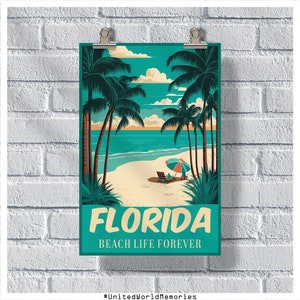 Pôster de viagens da Flórida, pôster da Flórida, pôster vintage da Flórida, decoração de parede, pôster do estado, impressão da Flórida, pôster retrô da Flórida