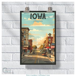 May include: A framed art print featuring a street scene in Iowa, with the word "IOWA" at the top. The print depicts buildings, cars, and a blue sky with clouds. The print is held by two silver clips against a white brick wall.