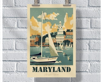 Maryland Travel Poster, Annapolis Harbor Poster, Maryland Vintage Poster, Wall Decor, State Poster, Maryland Print, Maryland Retro Poster