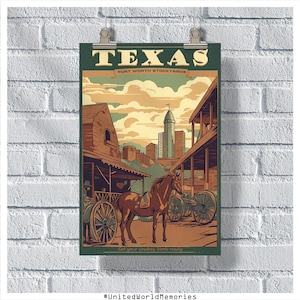 Pôster de viagens do Texas, pôster de Fort Worth Stockyards, pôster vintage do Texas, decoração de parede, pôster do estado, impressão do Texas, pôster retrô do Texas