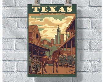 Texas Travel Poster, Fort Worth Stockyards Poster, Texas Vintage Poster, Wall Decor, State Poster, Texas Print, Texas Retro Poster