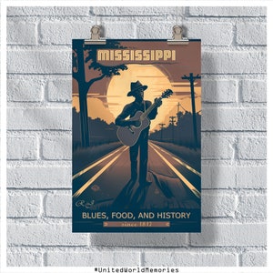 Mississippi Travel Poster, Blues Food And History Poster, Mississippi Vintage Poster, Wall Decor, Mississippi Print,Mississippi Retro Poster