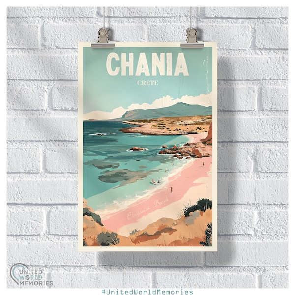 Chania Elafonissi Beach Poster, Crete Print, Greece Retro Wall Art, Chania Crete Gift