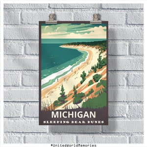 Poster di viaggio del Michigan, Poster delle dune dell'orso addormentato, Poster vintage del Michigan, Decorazione murale, Poster di stato, Stampa del Michigan, Poster retrò del Michigan