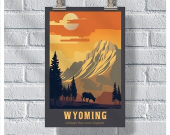 Wyoming Travel Poster, Explore Wyoming Poster, Wyoming Vintage Poster, Wall Decor, State Poster, Wyoming Print, Wyoming Retro Poster